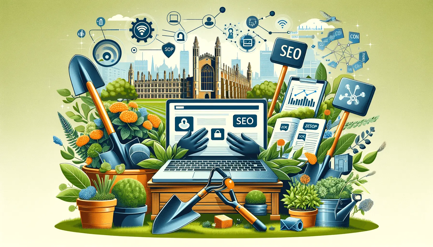 A featured image for a blog post about digital marketing strategies for landscaping companies in Cambridge
